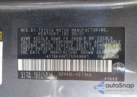 2007 Toyota Camry Le/Xle/Se from USA, damaged, VIN 4T1BK46K57U049681